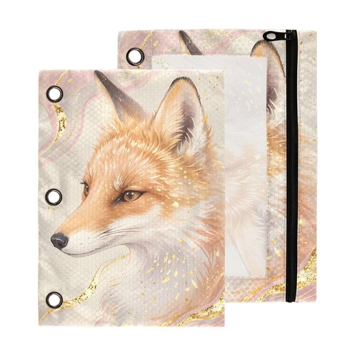 MUCEXQ Fox Pencil Pouches for 3 Ring Binder,2 Pack 3 Ring Binder Pencil Case With Zipper Reinforced Grommets,Pencil Bags for Office Organizers