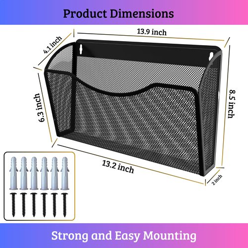 Heavty 3 Single Pocket Mesh Wall File Organizer, Metal Vertical Wall Mounted Magazine Mail Paper Document Folder Holder for Office Home School, Black