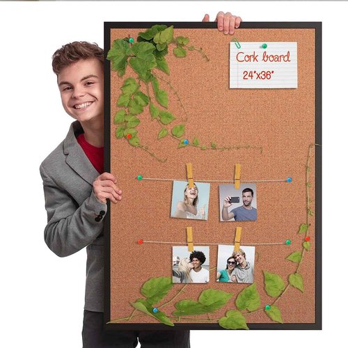 Board2by Cork Board Bulletin Board 24 x 36, Black Wood Framed 2x3 Corkboard, Office Board for Wall Cork, Large Wall Mounted Notice Pin Board with 16 Push Pins for School, Home & Office