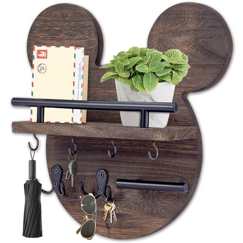 AIRPOP Disn Key Holder for Wall–Mouse Wooden Mail Organizer Wall Mount with Shelf and 6 Hooks, Easy Installation Key Rack Hanger for Entryway Living Room Home Decor (Brown)