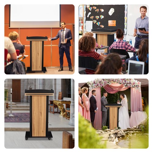 Podium Stand,Wood Podium with Wheels,Lectern with Storage,Mic Stand Space,15MM Particle Board,Wooden Pulpit for Restaurants,Churches,Seminars and Schools