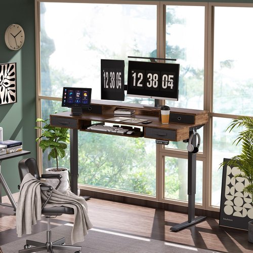 REGISDESK Electric Standing Desk, 55" Standing Desk Adjustable Height, Adjustable Desk with 4 Drawers, Ergonomic Adjustable Sit Stand Desk with Keyboard Tray, Rustic Brown