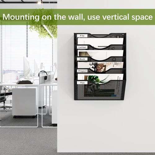 EasyPAG 5 Pocket Mesh Hanging Wall File Organizer, Easily File Managment and Classification, Space Saving Wall Mount Filing Holder for Office Home Classroom, Black