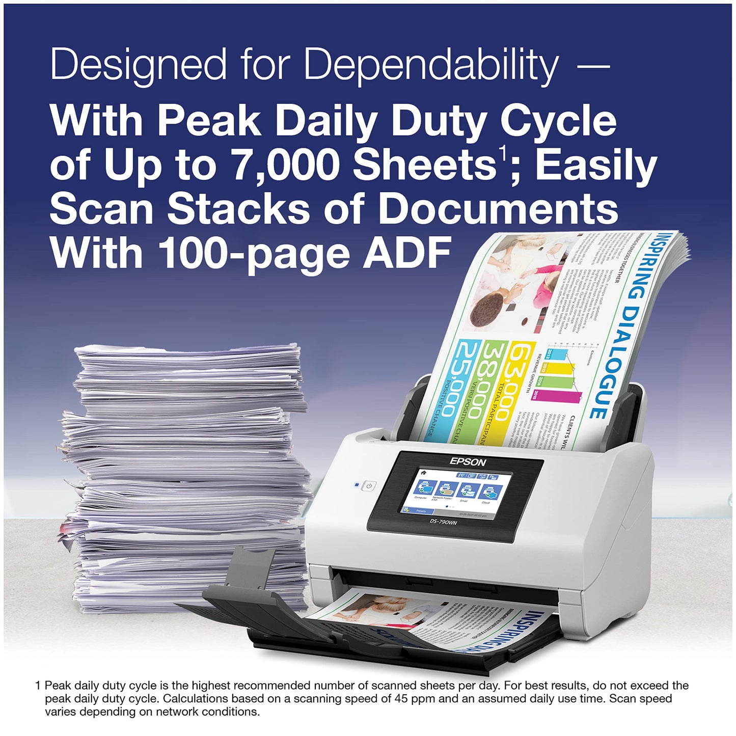 Epson DS-790WN Wireless Network Color Document Scanner for PC and Mac with Duplex Scanning,Computer-Free Function, 100-page Auto Doc Feeder (ADF) and 4.3" Colorful LCD Touchscreen