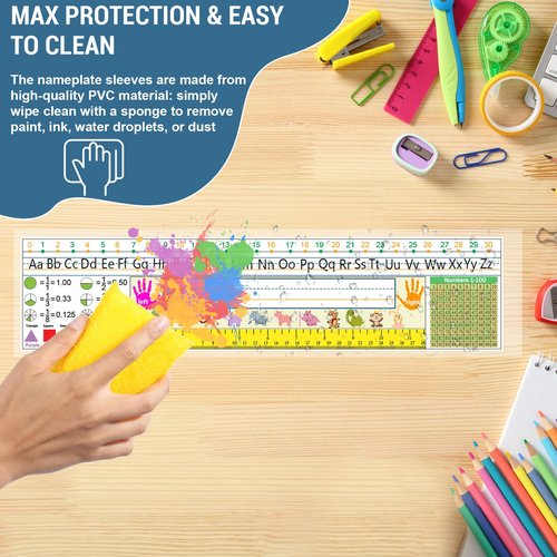 40 PCS Nameplate Pocket, 14.9" x 4.7" Adhesive Desk Name Tag Sleeves Easy Remove Nameplates Holder, Thicken Clear Scratch Proof Name Tag Pockets for Classroom Desk
