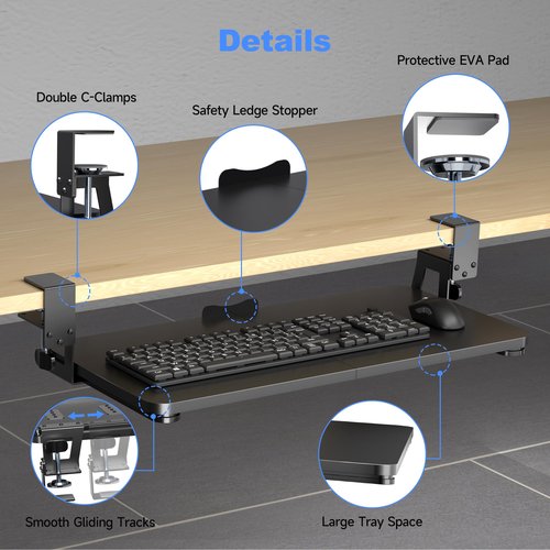 XINLEI Keyboard Tray Under Desk Large C-Clamp 25.6” (30” Including Clamps) x 11.8” Slide-Out Platform Computer Drawer Pull Out Keyboard & Mouse Tray Black DSF4