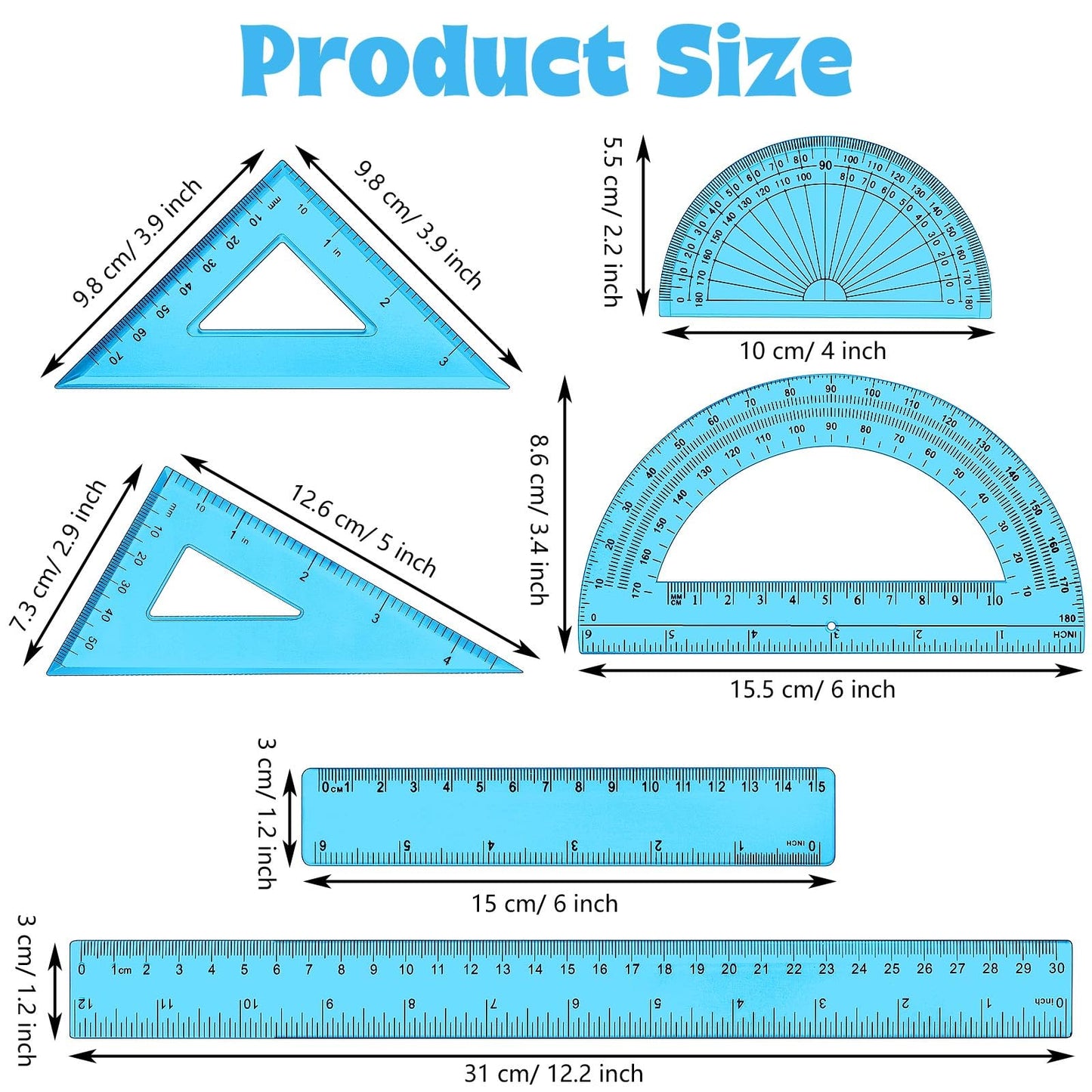 Tenare 1 Set Plastic Clear Math Set Includes Protractor Triangle Rulers 12 Inch 6 Inch Straight Geometry Math Transparent Ruler Measuring Tool for School Office Home Supplies(Blue)