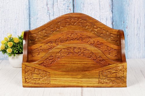 ARTISENIA Handmade Wooden Mail Organizer Letter Rack Wooden Magazine Holder Wooden Desk Organizer 3 Self Brass Inlay 12 Inch Remote Letter Holder