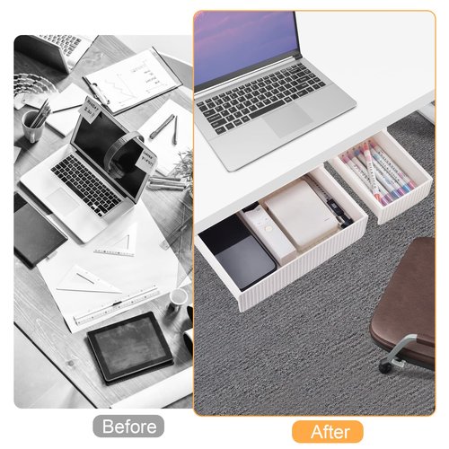 YOOUSOO 2 Pack Under Desk Drawer Storage, Under Desk Organizer, Hidden Self-Adhesive Desks Drawers Slide-out, Stick on Desks Drawer White, Under Mount Drawers for Office/Classroom/Home