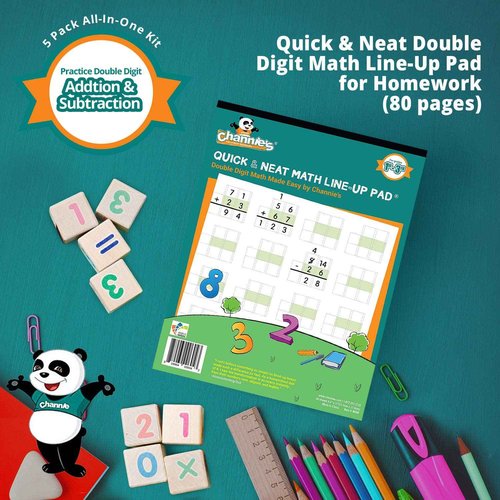 Channie’s All-In-One Kit, With Double & Triple Digit Math Practice Worksheets, Writing Pad, Math Line-Up Pad, Easy Peasy Cursive Handwriting Workbook for Kids, FREE ABC Card