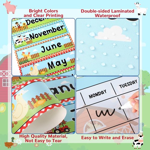 Farm Animal Calendar Bulletin Board Set for Classroom Decoration Farmhouse Calendar Seasons Weather Chart Barnyard Animal CTP Bulletin Board Paper-Cuts for Teachers Elementary School Classroom