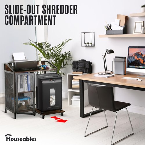 Houseables Printer and Shredder Stand, Printer Table with Storage, Shredder Cabinet on Wheels, Table for Home Office, PC Tower, Desk with File Cabinet Shelf Cart with Drawers, 2 USB and AC Outlets