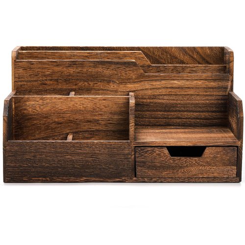 Pumtus Brown Wooden Mail Organizer, Desk Organizer with 7 Compartments and Drawer, Rustic Mail Sorter with Pen Holder, Tabletop Mail Basket, Office Accessories Holder for Pen File Letter Document