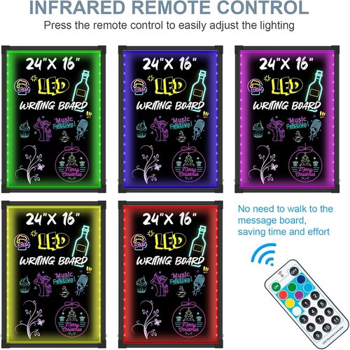 LED Menu Board - 24" x 16" Illuminated Writing Board with Remote Control & Neon Effect | Includes 8 Chalk Markers & Eraser