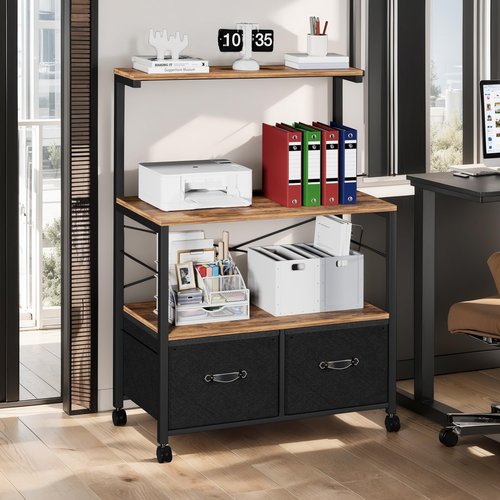 VECELO Lateral File Cabinet with 3 Shelf, 2 Drawer File-Cabinet on Brakeable Wheels, Large Printer Stand with Open Storage Shelf fits Letter Size for Home Office, Brown