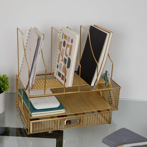 Martha Stewart Ryder Gold Mesh Metal Large Desktop Organizer With Paper File Letter Holder Organizer and Drawer