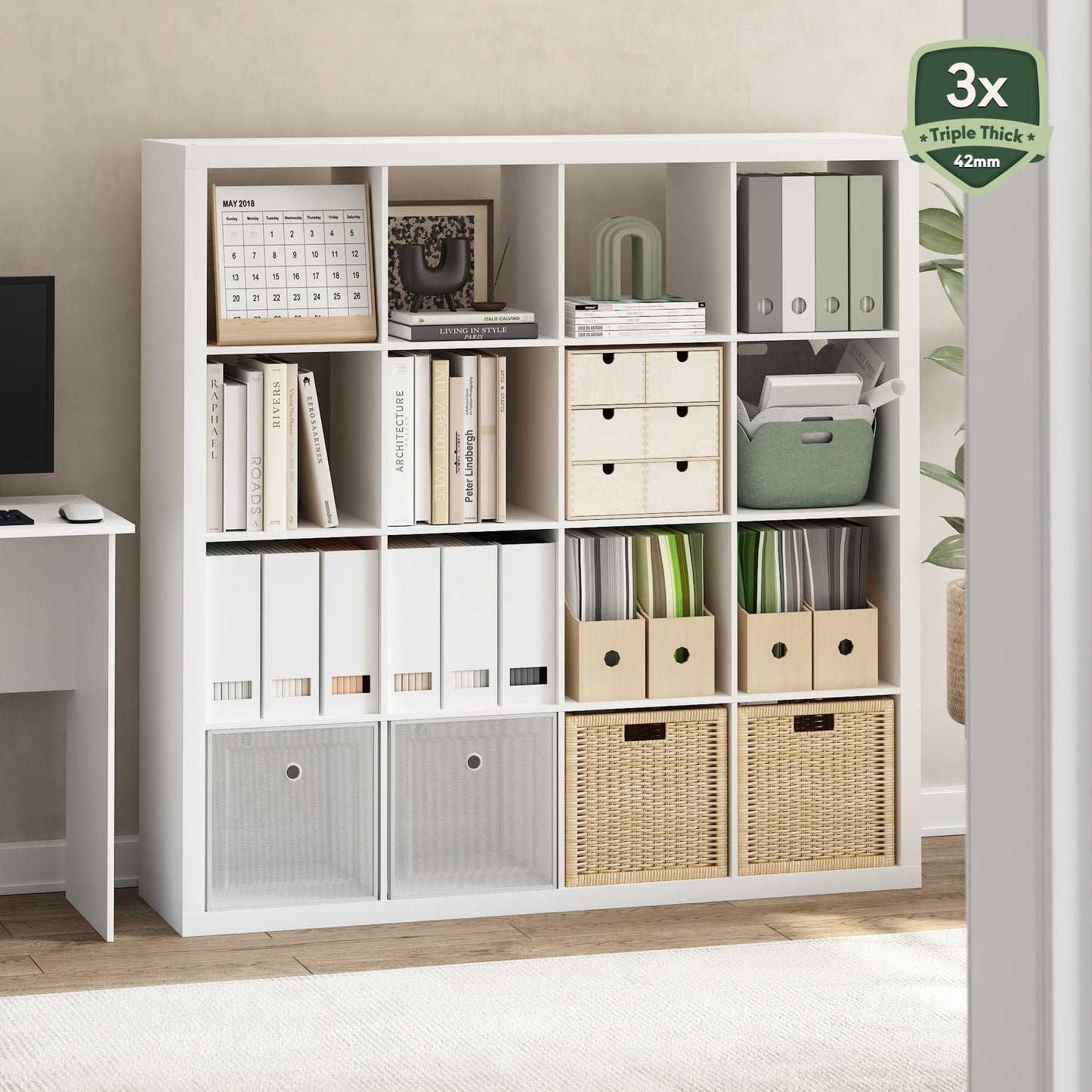 Furinno Cubicle Book Shelf, 16-Cube Bookshelf, Triple Thick Frame Cube Storage Organizer, 1.65" Bookcase, 15.4 x 57.4 x 56.9, for Home Office, Living Room, Plain White