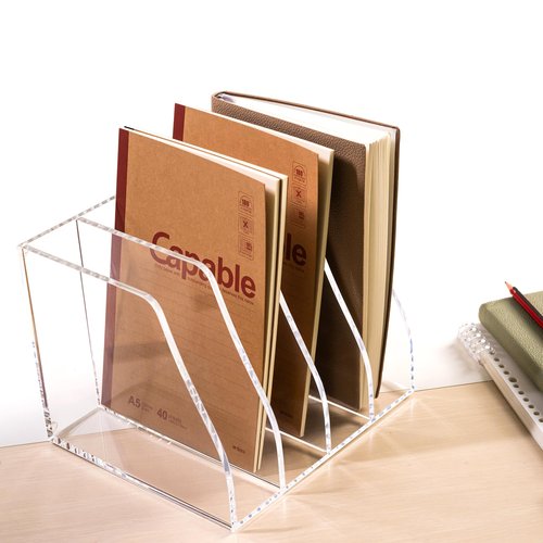 AIMOLLY Acrylic Magazine File Holder, 4 Vertical Compartments Desk Document Sorter Organizer, Clear Folder Rack Binder for Office/Home/Classroom, for Documents, Tablet, Magazines, Books & Accessories