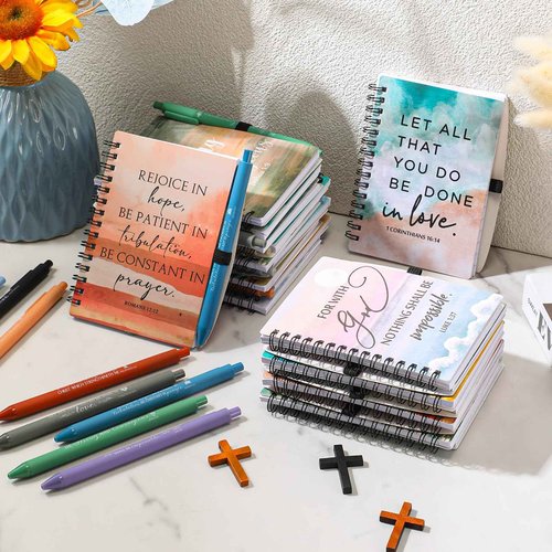 Harloon 40 Set Christmas Spiral Notebooks Bible Verse Ballpoint Pens Prayer Journals Religious Inspirational Bible Notepad Christian Church Gifts for Women Men Teacher Sunday School
