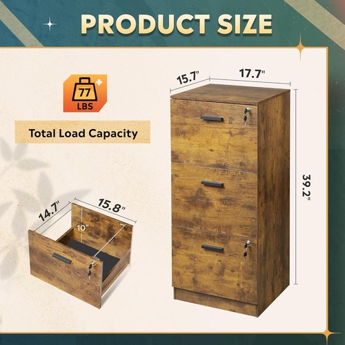DEVAISE 3-Drawer File Cabinet - Lockable Vertical Wood Filing Cabinet for Home Office, Rustic Brown