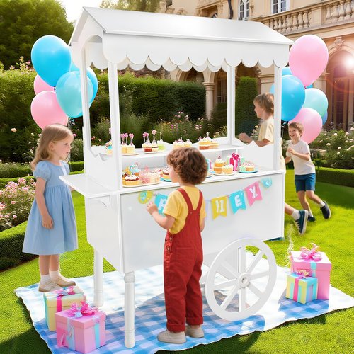 kaiwrxin Versatile Candy Cart with Wheels - 70x40x22in Ice Cream Carts for Business, Candy Carts' with Wheels for Party, Flower Cart Display Stand, Includes 100pcs Balloons & 1 Soft Glow Lights, White