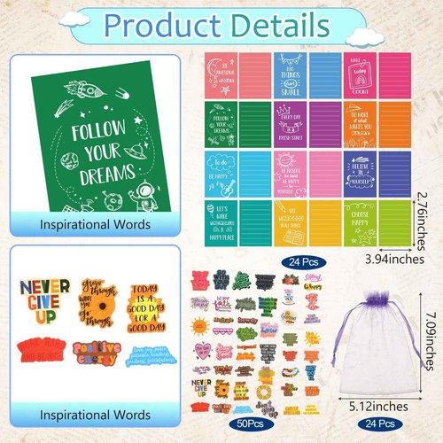 Pasimy 194 Pcs Inspirational Gifts Set Party Favor Motivational Mini Notepad Pen Positive Magnetic Bookmark Card Keychains Stickers Organza Bags for School Office Stationery Appreciation (Classic)
