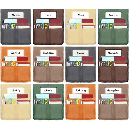 12 Pcs Chair Pockets for Classroom 16.7 x 19.3 inch Seat Sacks with Name Tag for Classroom Chairback Pocket Chart 3 Pockets Chairs Seat Back Organizer for Elementary School Daycare Home Supplies