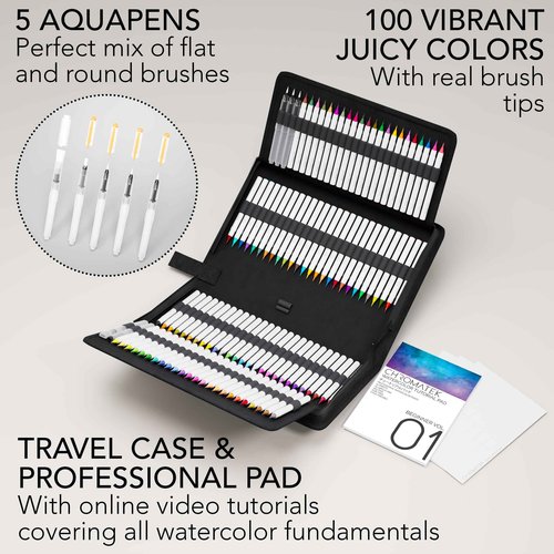 CHROMATEK 108 Watercolor Pens Set | Including 15 Page Pad & Online Video Tutorial Series | 5 Aquapens & 100 Unique Colors | Real Brush Pens | Easily Blendable, Vivid and Smooth