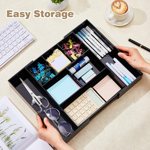 Briwooody 1 Pc Acrylic Desk Drawer Organizer Maximum 12 x 18 x 2.1 Inch Expandable Drawer Organizer Trays with 8 Adjustable Compartments Desk Accessories for Makeup Silverware Office Bathroom (Black)