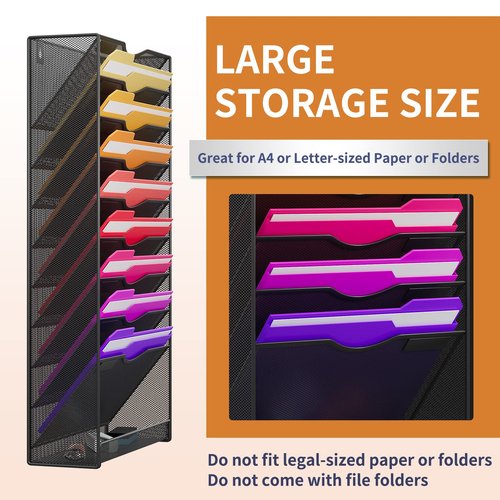 10-Tier Hanging Wall File Organizer Wall Mounted File Holder Document Wall Organizer for Office Organization and School Storage (No Assembly Required) (10 Tier Black)