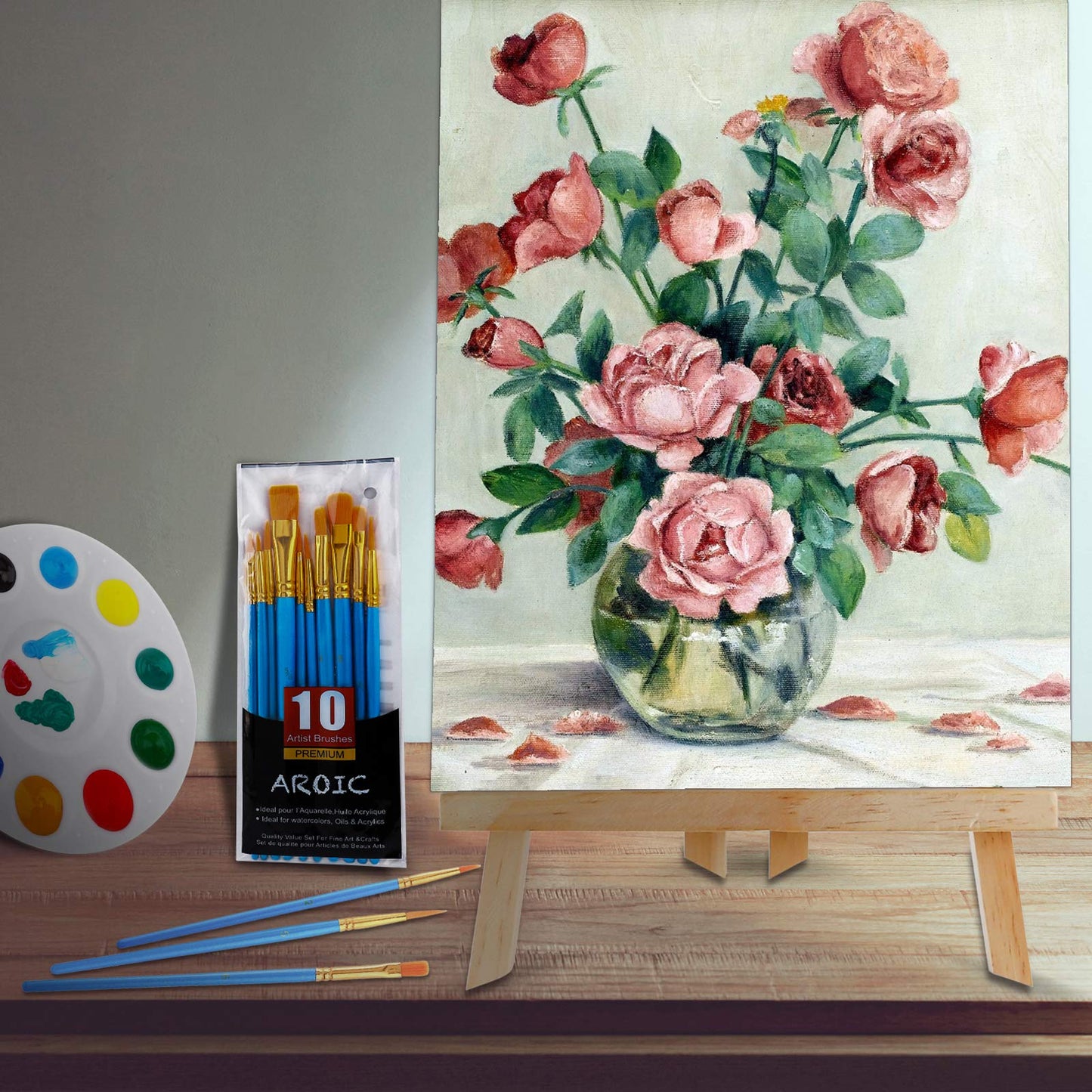 240 PCS Professional Painting Set with 20 PCS Wood Easels,20 Packs of 200 Brushes with Nylon Brush Head and 20 PCS Palettes, Painting Supplies kit for Kids & Adults to Painting Party.