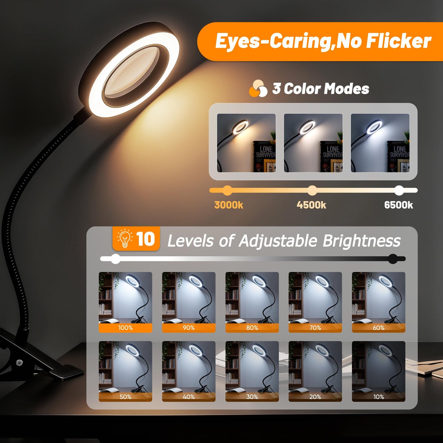 Akynite 10X Magnifying Glass with Light, 2 in 1 Magnifying Desk Lamp Clip on Mganifier with Light, 3 Color Modes 10 Brightness Levels, 58 LED Clip on Reading Lamp for Bed Crafts DIY Repair,No Adapter
