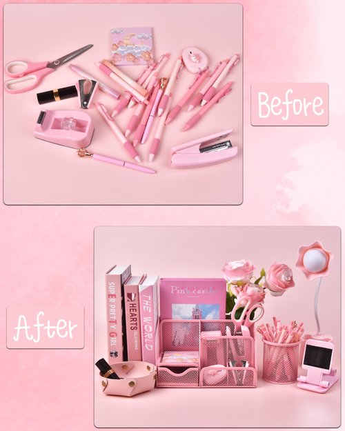 Pink Desk Accessories, 24Pcs Pink Office Supplies and Desk Organizers, with Tape Dispenser, Stapler, Staple Remover, Ect, Fill Your Desktop with Lovely Pastel Colors, Back to School