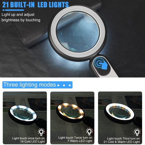 Rechargeable Magnifying Glass with Light, 30X 4.7IN Handheld Large Lightweight Lighted Magnify Len 21 LED 3 Modes Illuminated Book Magnifier forKids,Senior,Reading,Inspection,Coin,JewelryChristmasGift
