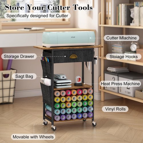 Lyuwanxian Craft Organizers and Storage Cart: Craft Room Cart for Organizing Cutting Accessories and Machine, Vinyl Roll Storage and Organization Holder, Heat Press Stand Table with Wheels