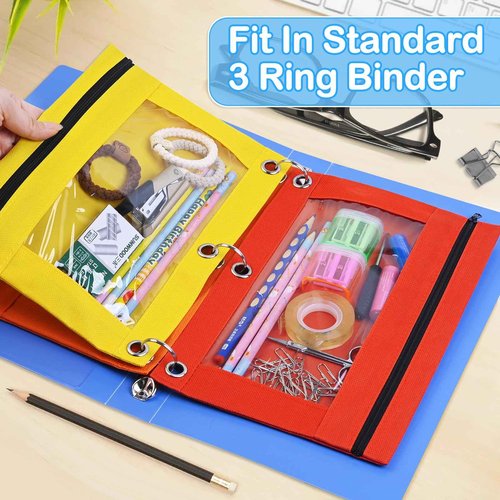 Letapapa 72 PCS Pencil Pouch for 3 Ring Binder, Zipper Pencil Pouches in 6 Colors, 3 Ring Pencil Pouches with Clear Window, Binder Pencil Pouch Bulk for Classroom Office School Supplies