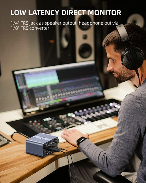 LEKATO 2i2 USB Audio Interface, 24-bit/192kHz Audio Interface with XLR, 48V Phantom Power for Smartphone Computer Recording, Streaming, Guitar, Music Production, Podcast