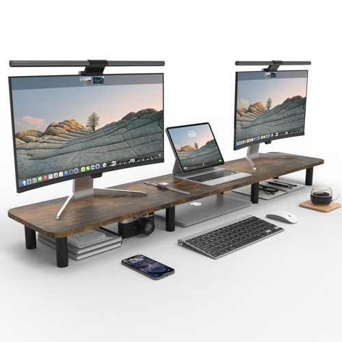 WEGASTU Dual Monitor Stand - 43.7 inch Extra Long Wide TV Stand - Wood & Steel Leg Desktop Riser - Desk Organization - Home Office (Vintage)