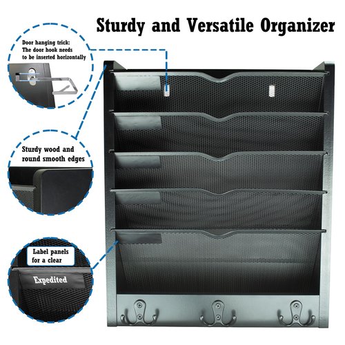 YINGXUN Multi Use Hanging Wall Files and Mail Organizer with Hooks (Black)