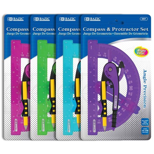 BAZIC Products Geometry Math Compass Set w/Scale-Arm, 6" Swing Arm Protractor, & HB Wood Pencil, Inch Centimeter, Mathematical Drafting Drawing Tool, 24-Pack