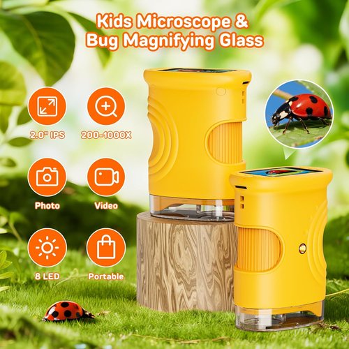 1000X Digital Handheld Microscope - Portable STEM Science Lab Toy with 2.0" IPS Screen | Rechargeable Educational Gift for Kids Ages 4-12 - Orange