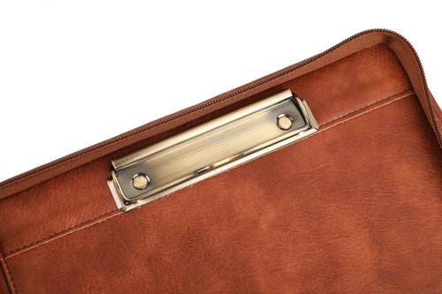 Handmade Leather Portfolio, Embossed Vegan Leather Padfolio Folio, Zipper Portfolio with A4 Letter Sized, Writing Pad Holder, Gifts for Women/Men, Brown