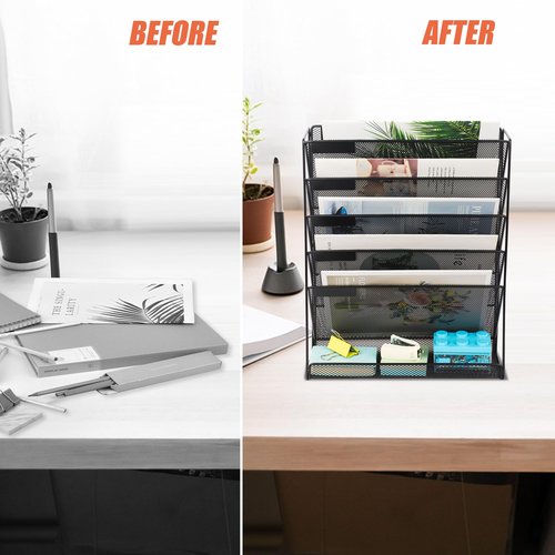 EASEPRES 5+1 Tier Mesh Desk File Organizer, Hanging Wall Mount Document Organization Stand, Desktop Vertical Mail Paper Folder Holder Rack with Bottom Tray for Office Home Cubicle, Black