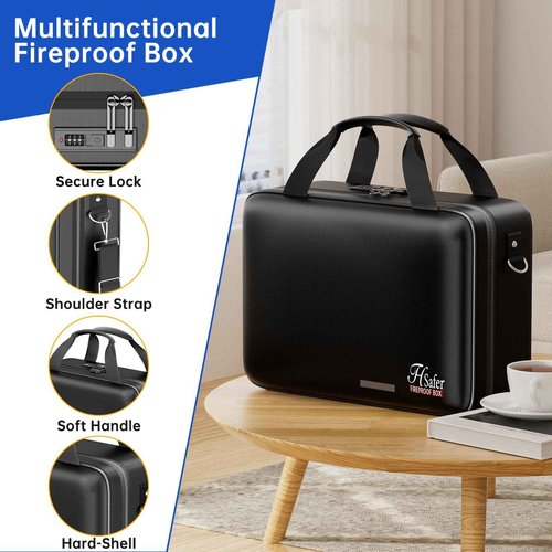 JHSafer 5200℉ Fireproof Document Box with lock, Hard-Shell Case File Organizer with 24 Pocket Accordion File Folder, Portable Safe Box with Shoulder Strap for Home Important Documents Laptop Black