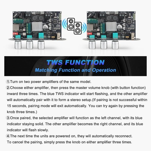 Wuzhi Audio ZK-1001U Mono Amplifier Board with TWS, 100W Power Output, Vehicle Amplifier Wide Voltage Input 9-24V, Supports USB/AUX/Bluetooth, Black