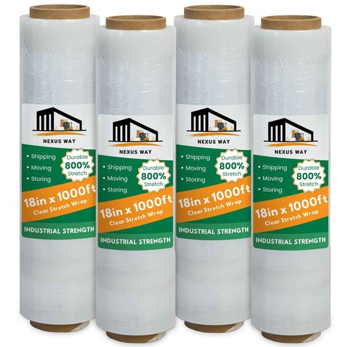 NEXUSWAY 18'' Shrink Wrap for Moving - Stretch Film Pallet Wrap Roll Heavy Duty 1000 feet 80 Gauge Industrial Strength up to 800% Stretch 20 Microns for Shipping Moving Furniture (Pack of 4)