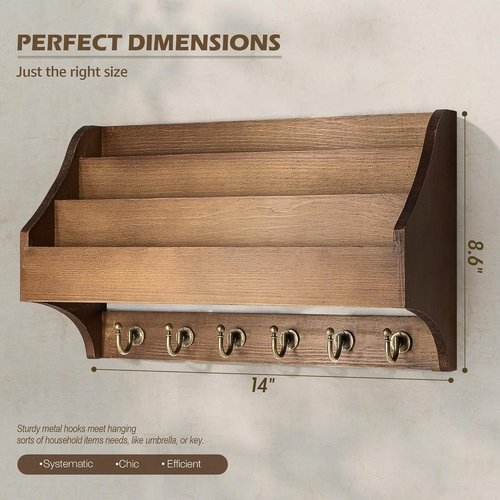 Rebee Vision Pine Wood Key Holder - Wall-Mounted Mail Organizer with Key Hooks & 3-Tier Slot | Brown
