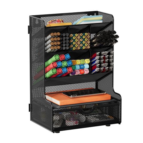Senhoglb Mesh Pen Holder For Desk, Multi-Functional Pencil Holder with Drawer, Desktop Pen Organizer Easy Assembly, Wall Mount Metal Pen Storage for School, Home, Art Supplies, 9 Compartments, Black