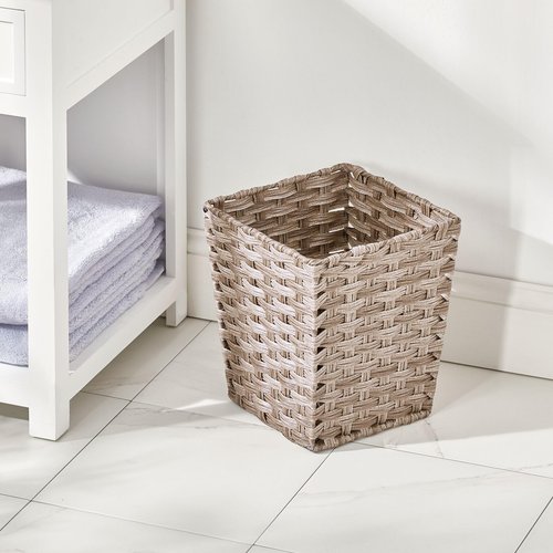 mDesign Small Woven Basket Trash Can Wastebasket - Square Garbage Container Bin for Bathrooms, Kitchens, Home Offices, Craft, Laundry, Utility Rooms, Garages - Taupe