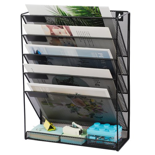 EASEPRES 5+1 Tier Mesh Desk File Organizer, Hanging Wall Mount Document Organization Stand, Desktop Vertical Mail Paper Folder Holder Rack with Bottom Tray for Office Home Cubicle, Black